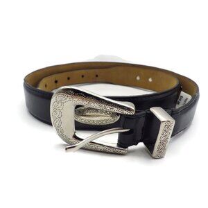 Black Leather Belt/ Ornate Silver Buckle and Conchos/ 36